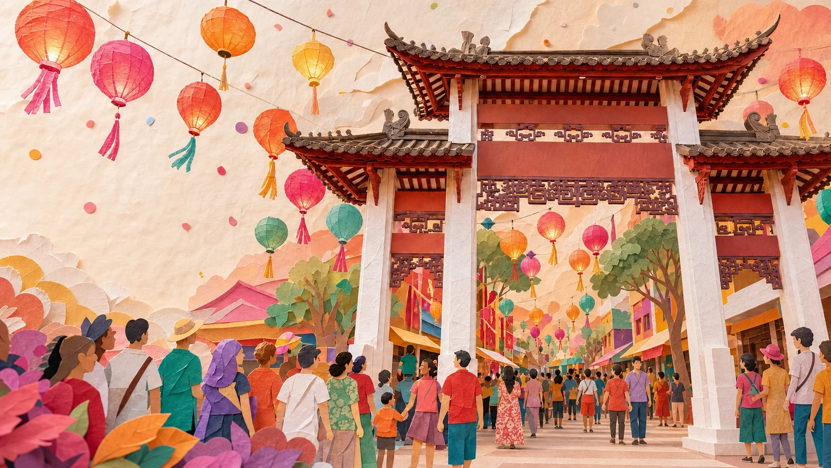 Paper-collage interpretation of the Cabramatta Pai Lau gateway, lanterns and festival crowds